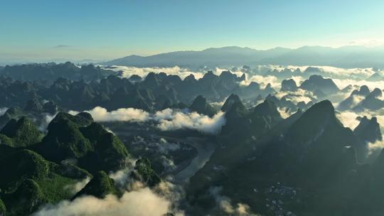 广西桂林喀斯特山脉云海日出航拍视频素材模板下载