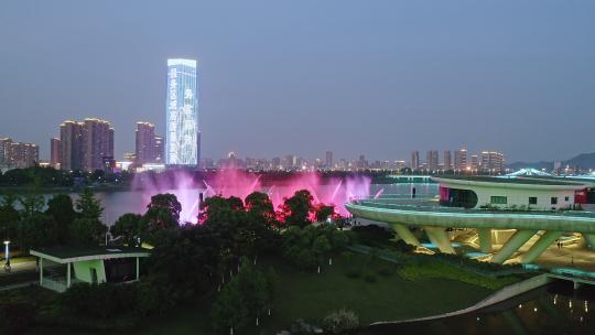 航拍上虞曹娥江水上音乐喷泉,城市阳台