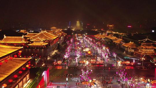 陕西西安 大雁塔 不夜城 夜景 4K航拍视频素材模板下载