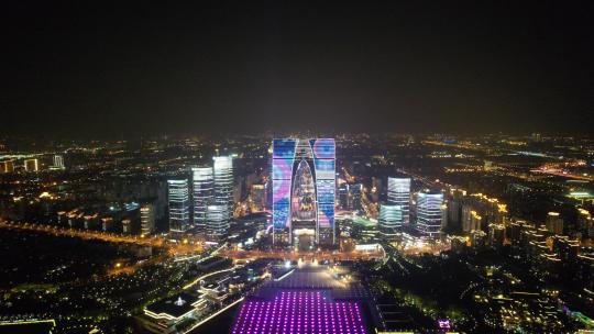 航拍苏州金鸡湖东方之门夜景