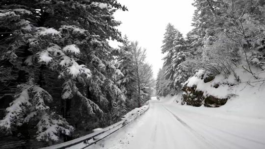 在车上拍摄4K高清积雪覆盖的东北森林道路