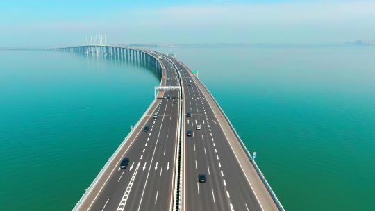 4K航拍胶州湾跨海大桥-桥梁交通大海