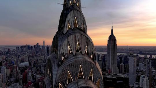 城市航拍克莱斯勒大厦黄昏夜景纽约摩天大楼