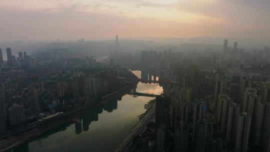重庆城市日落光影航拍