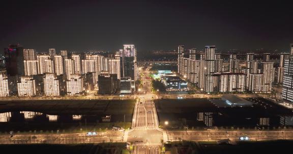 杭州亚运会亚运村城市建筑晚上亮灯夜景航拍