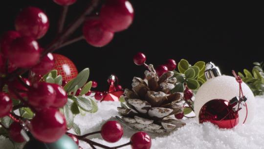 圣诞静物与树装饰浆果和松果在人造雪上