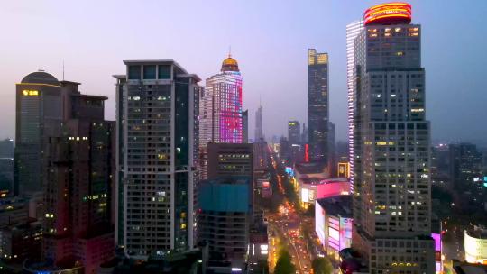 4k 航拍南京商业区南京路现代建筑夜景