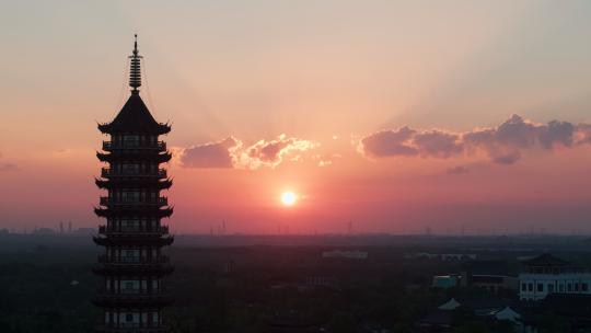 东海观音寺塔楼夕照剪影 航拍4k高清在线视频素材下载