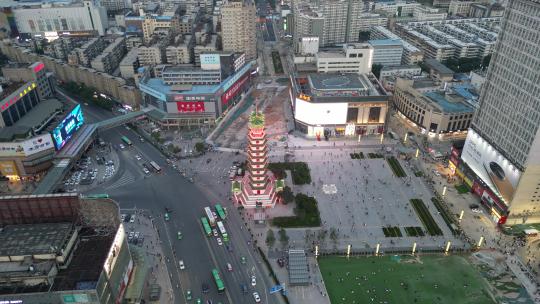 河南郑州二七塔夜幕降临夜景航拍