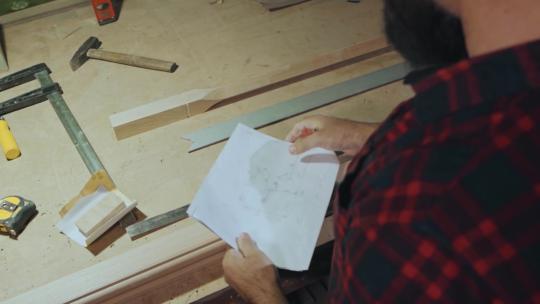 男人根据草图绘制木板