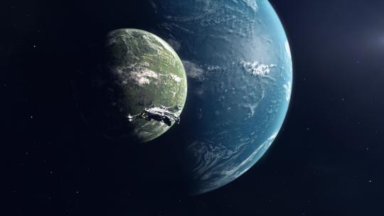 大型宇宙飞船接近巨大的海洋行星和绿色月亮视频素材模板下载
