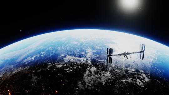 空间站围绕地球运行 部署了太阳能电池板4K