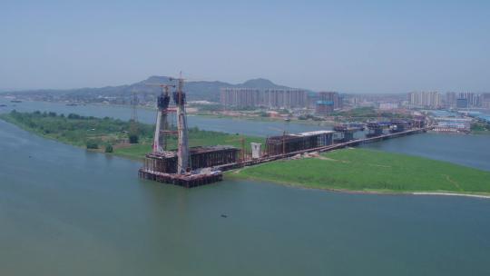 4K长沙香炉洲湘江大桥建设工地航拍