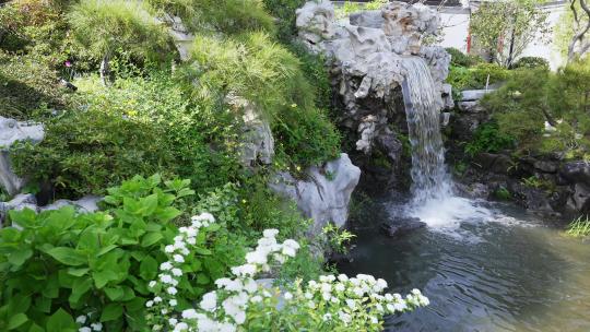 中式园林花园公园假山瀑布流水景