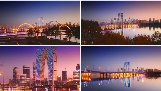 苏州中心金鸡湖东方之门延时航拍高清在线视频素材下载