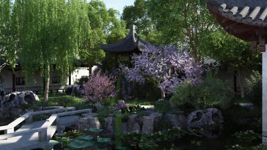 中式园林水景 三维中式庭院 庭院一角 假山