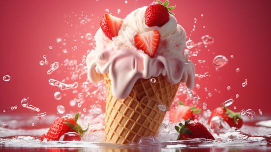 草莓牛奶冰淇淋新鲜甜点特写甜品冰激凌美味