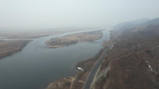 辽宁G331鸭绿江中朝边境公路航拍风光视频素材模板下载