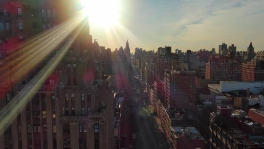 4K城市航拍纽约曼哈顿格林威治摩天大楼日出