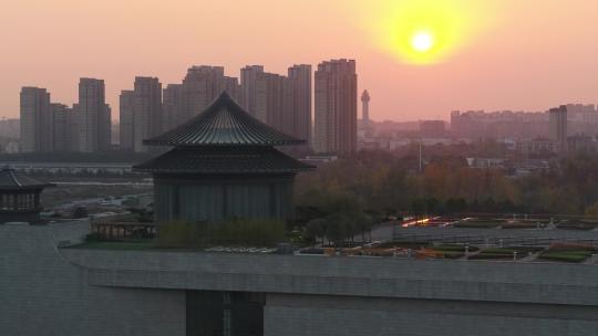 航拍中国扬州大运河博物馆大运塔夕阳落日