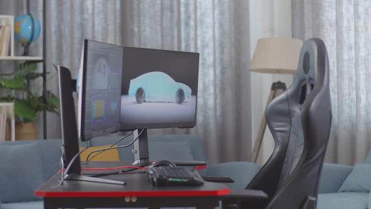 两台台式电脑的显示器正在家里的工作台上显示电动汽车的3D模型视频素材模板下载