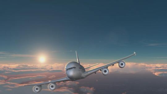大型客机飞机飞跃云端黄昏景