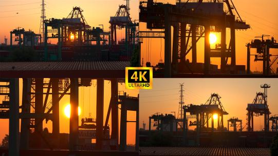 日出繁忙的港口起重机集装箱高清在线视频素材下载