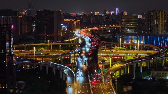 航拍上海汶水路立交桥城市晚高峰车来车往