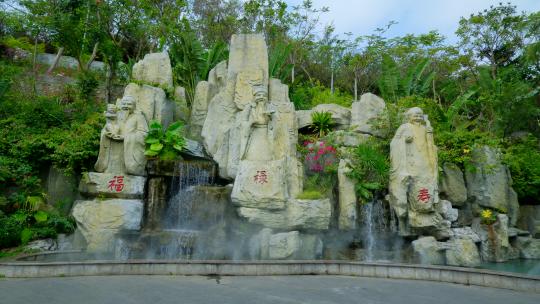 公园福禄寿雕塑 假山流水景观视频素材模板下载