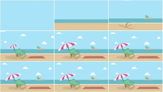 海滩沙滩躺椅遮阳伞室外MG扁平卡通动画背景高清AE视频素材下载