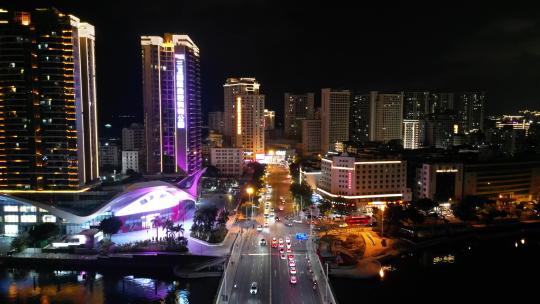 航拍海南三亚游艇旅游中心与帆船港帆船夜景