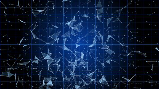 粒子人1001：一个由抽象、复杂的粒子在蓝色网格（循环）上组成的奔跑的人。