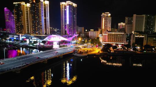 航拍海南三亚游艇旅游中心与帆船港帆船夜景