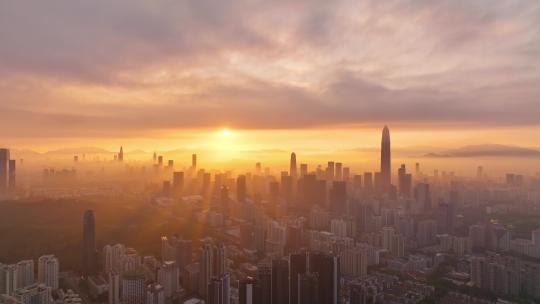 航拍日出耶稣光深圳城市大景