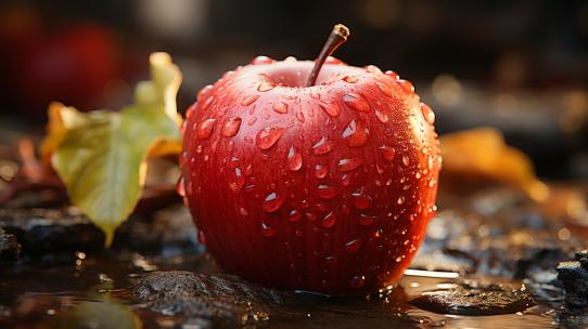 4K高清水滴鲜艳食材优质山东红富士苹果特写