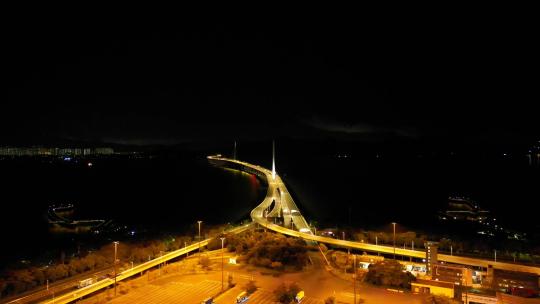 大湾区深圳湾公路大桥夜景航拍香港跨海大桥