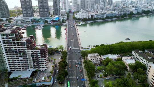 航拍海南三亚游艇旅游中心与帆船港帆船