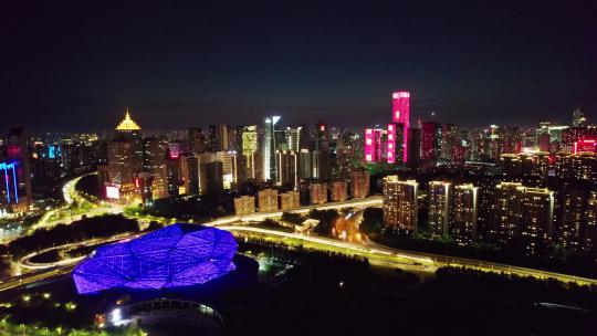 中国辽宁沈阳浑河两岸城市夜景航拍