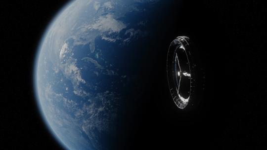 巨大的旋转空间站的地球上方的轨道上4K