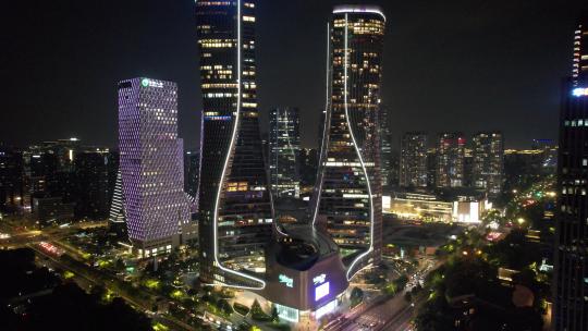 航拍浙江杭州市民广场来福士广场夜景