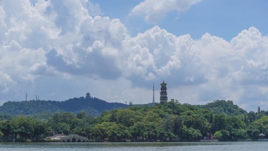 延时摄影广东惠州西湖塔楼蓝天白云自然风景