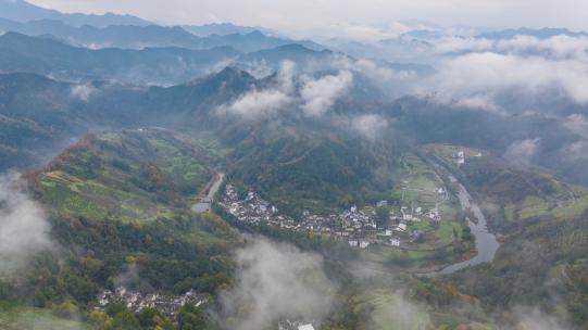 大好河山云海云雾山脉徽派建筑美丽山村