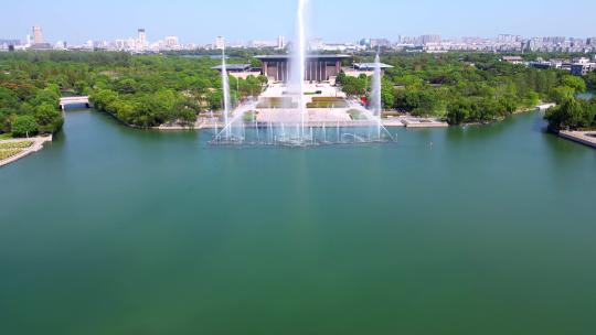 航拍嘉兴南湖七一广场革命纪念馆喷泉