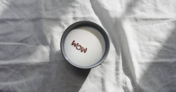 由字母麦片组成的单词平放在一碗牛奶上