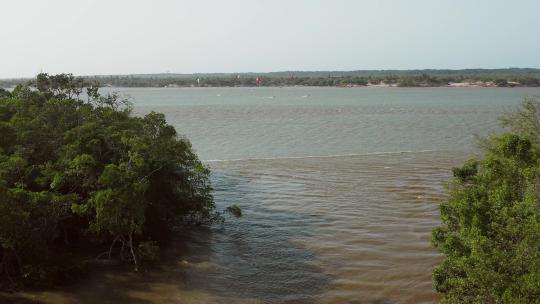 空中：巴西北部帕纳巴河三角洲风筝冲浪。视频素材模板下载