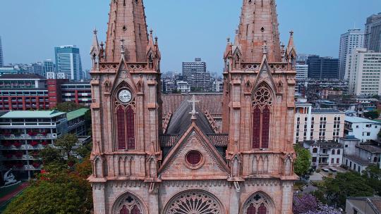 广州圣心大教堂石室哥特式建筑航拍4K视频