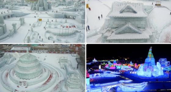 航拍哈尔滨冰雪大世界冰雕园区日景夜景彩灯高清在线视频素材下载