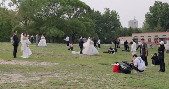 草坪上拍摄婚纱照的新婚情侣们20230509-3