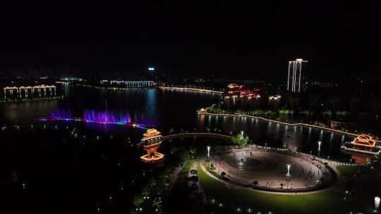 航拍鄂州夜景水上激光音乐五彩喷泉