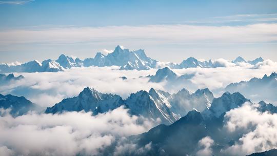 雪山云雾森林阳光树林远山峰大自然生态风景